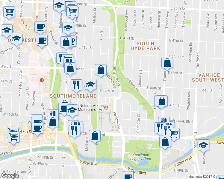 map of restaurants, bars, coffee shops, grocery stores, and more near 4409 Rockhill Road in Kansas City
