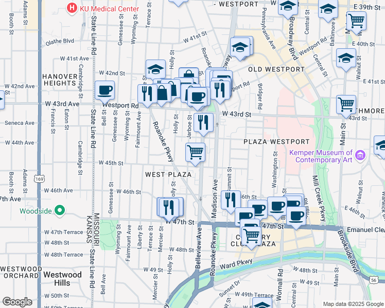 map of restaurants, bars, coffee shops, grocery stores, and more near 4441 Jarboe Street in Kansas City