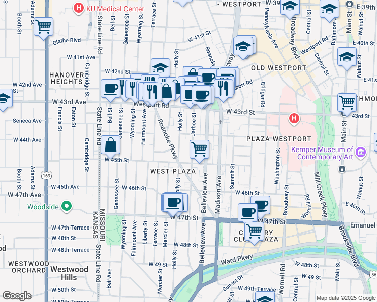 map of restaurants, bars, coffee shops, grocery stores, and more near 1114 West 45th Street in Kansas City