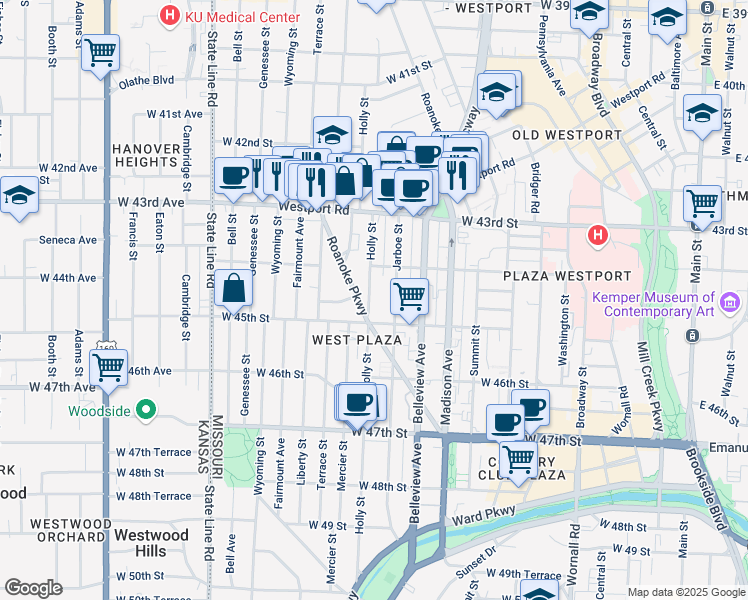 map of restaurants, bars, coffee shops, grocery stores, and more near 1114 West 45th Street in Kansas City
