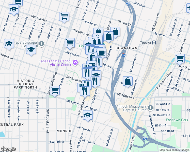 map of restaurants, bars, coffee shops, grocery stores, and more near 917 Southeast Quincy Street in Topeka