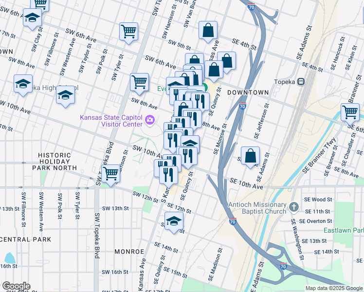 map of restaurants, bars, coffee shops, grocery stores, and more near 927 South Kansas Avenue in Topeka
