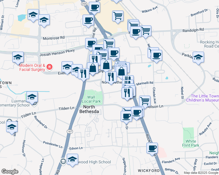 map of restaurants, bars, coffee shops, grocery stores, and more near 5701 Marinelli Road in Rockville