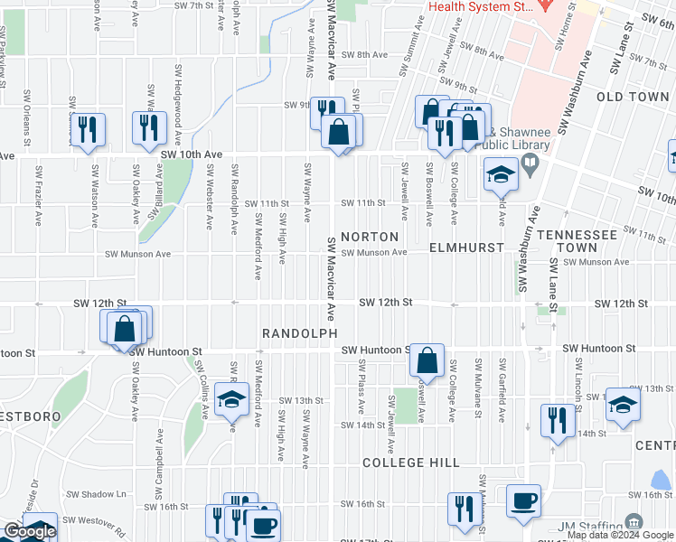 map of restaurants, bars, coffee shops, grocery stores, and more near 1166 Southwest Macvicar Avenue in Topeka