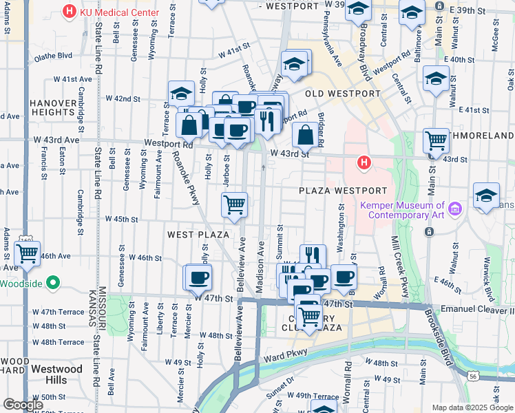 map of restaurants, bars, coffee shops, grocery stores, and more near 4444 Madison Avenue in Kansas City