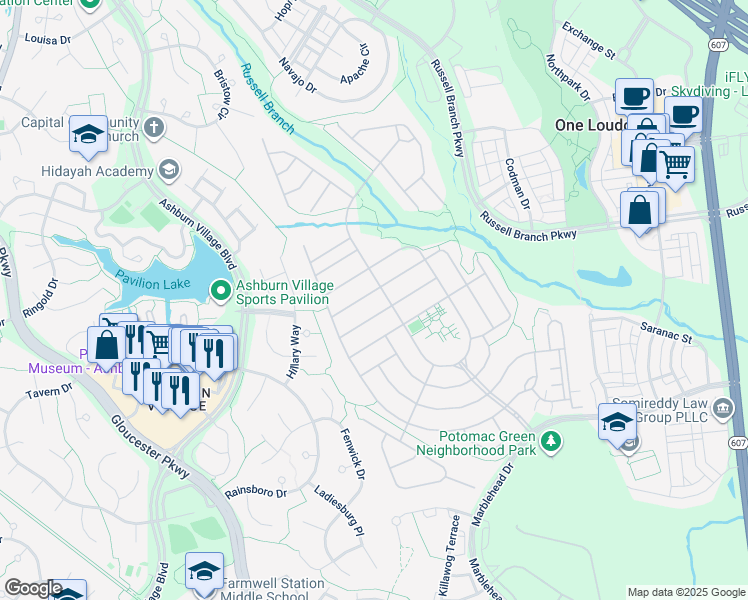 map of restaurants, bars, coffee shops, grocery stores, and more near 44381 Maltese Falcon Square in Ashburn