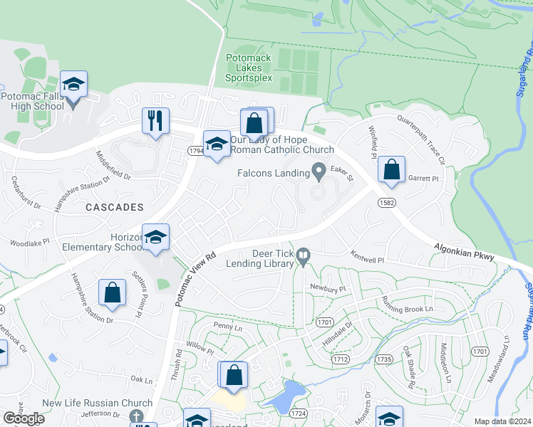map of restaurants, bars, coffee shops, grocery stores, and more near 46840 Lawnes Creek Terrace in Sterling