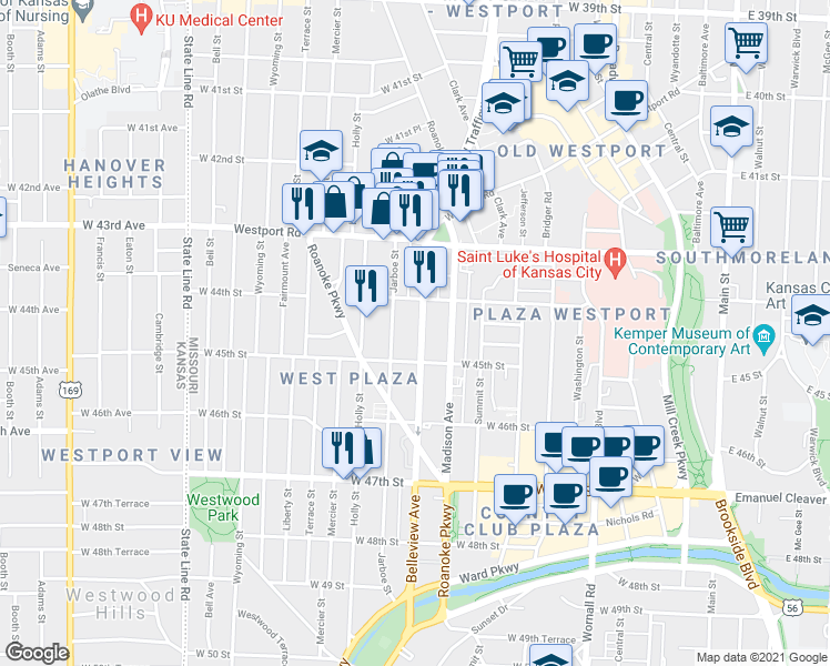map of restaurants, bars, coffee shops, grocery stores, and more near 4428 Belleview Avenue in Kansas City