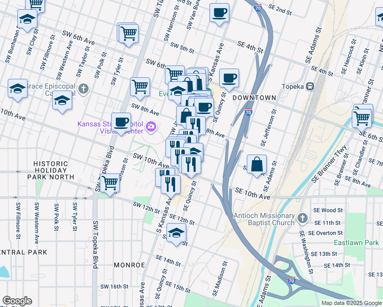 map of restaurants, bars, coffee shops, grocery stores, and more near 900 South Kansas Avenue in Topeka