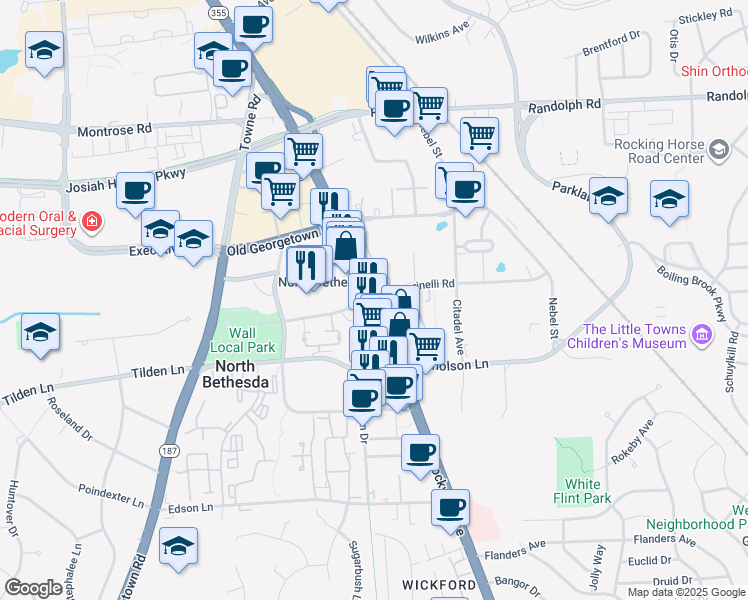 map of restaurants, bars, coffee shops, grocery stores, and more near Rockville Pike & Marinelli Rd in North Bethesda