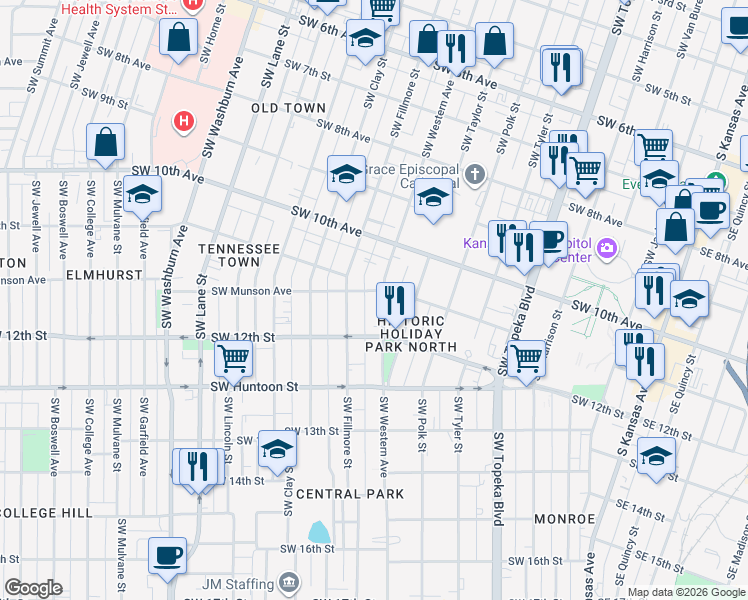 map of restaurants, bars, coffee shops, grocery stores, and more near 1105 Southwest Western Avenue in Topeka
