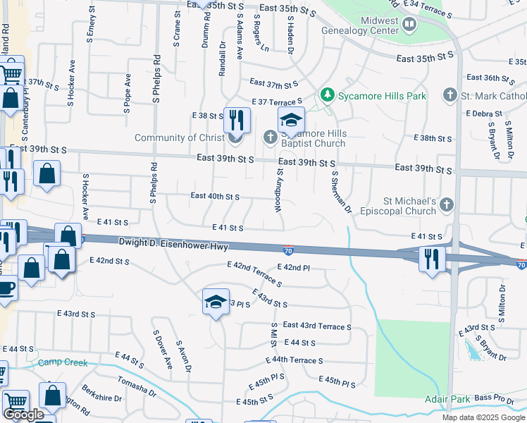 map of restaurants, bars, coffee shops, grocery stores, and more near 15302 East 41st Street South in Independence