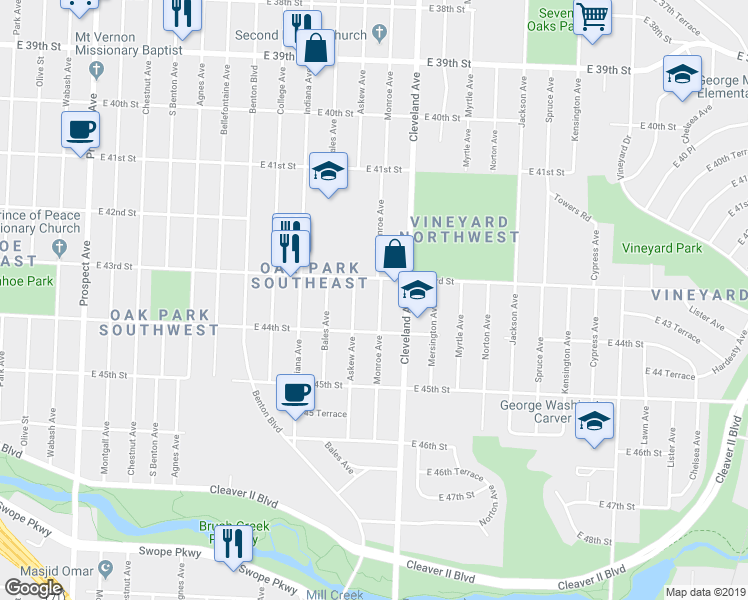 map of restaurants, bars, coffee shops, grocery stores, and more near 4320 Monroe Avenue in Kansas City