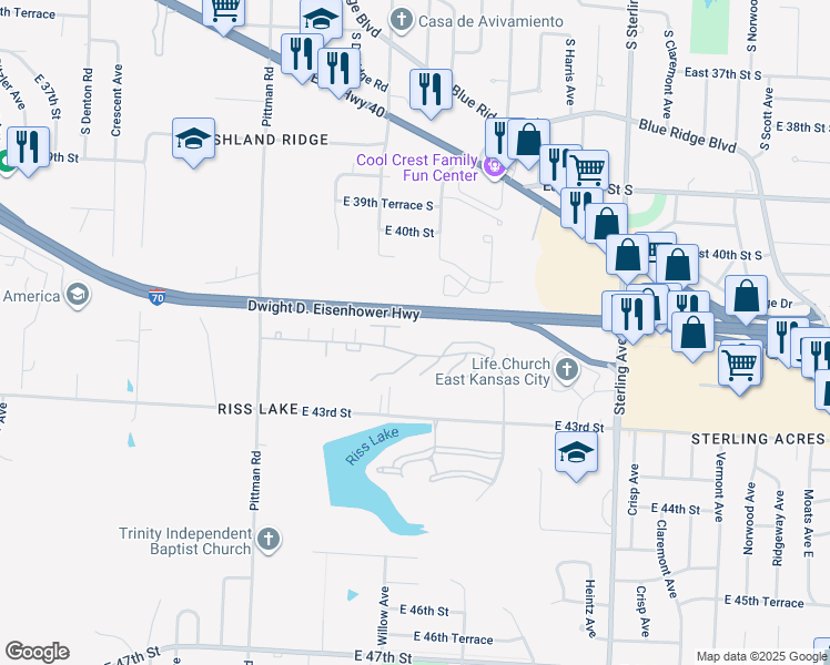 map of restaurants, bars, coffee shops, grocery stores, and more near 10500 East 42nd Street in Kansas City