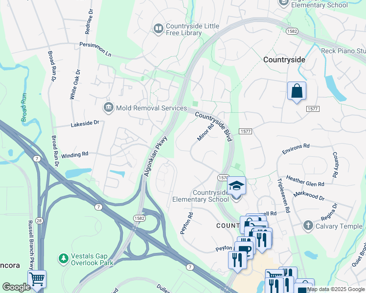 map of restaurants, bars, coffee shops, grocery stores, and more near 4 Moss Road in Sterling
