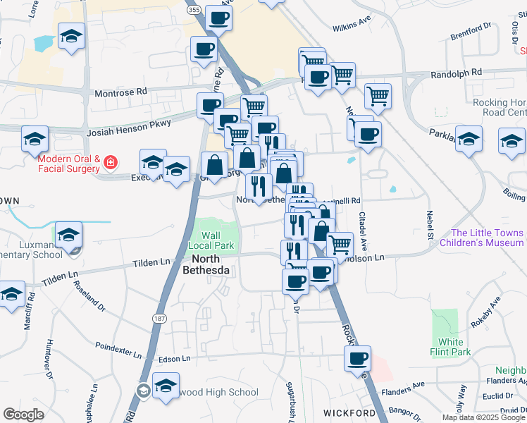 map of restaurants, bars, coffee shops, grocery stores, and more near 5701 Marinelli Road in Rockville