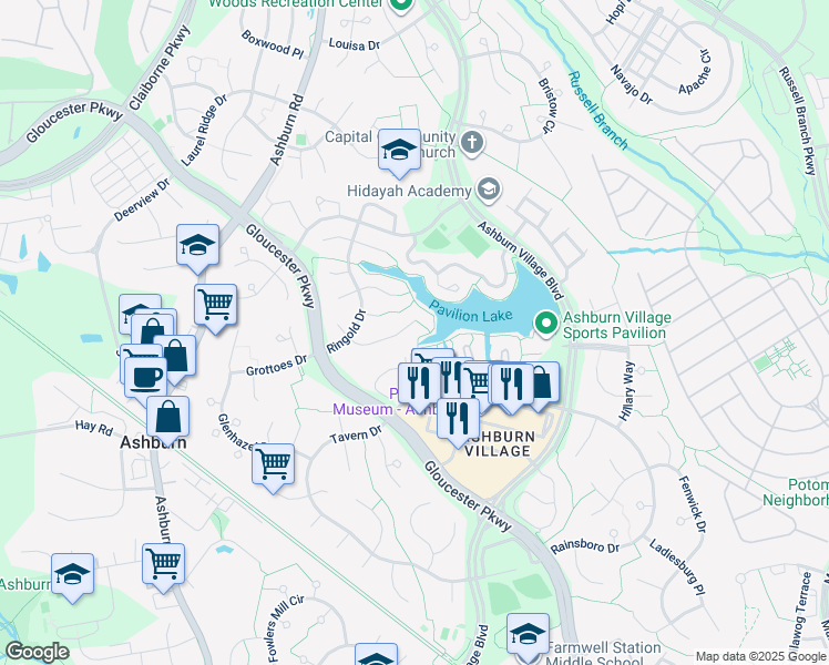 map of restaurants, bars, coffee shops, grocery stores, and more near 44029 Pandora Court in Ashburn