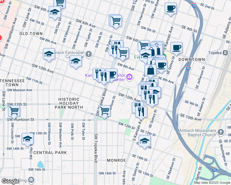 map of restaurants, bars, coffee shops, grocery stores, and more near 301 Southwest 10th Street in Topeka