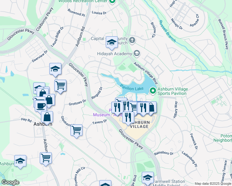 map of restaurants, bars, coffee shops, grocery stores, and more near 44029 Pandora Court in Ashburn