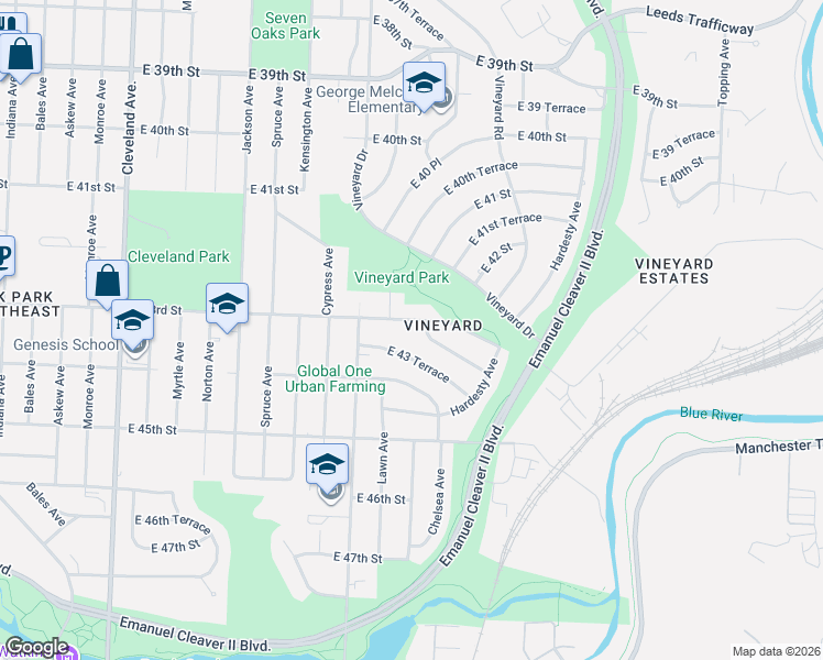 map of restaurants, bars, coffee shops, grocery stores, and more near 4632 East 43 Terrace in Kansas City
