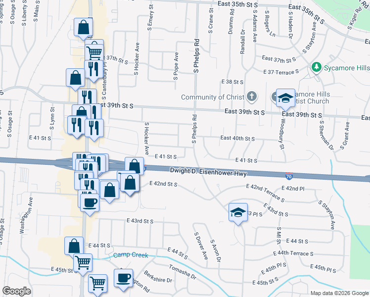 map of restaurants, bars, coffee shops, grocery stores, and more near 14617 East 41st Street South in Independence