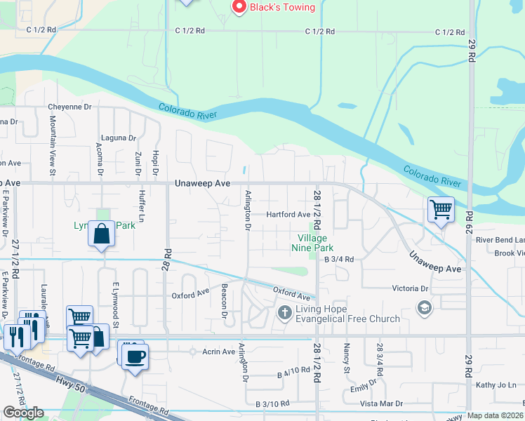 map of restaurants, bars, coffee shops, grocery stores, and more near 2829 Hartford Avenue in Grand Junction