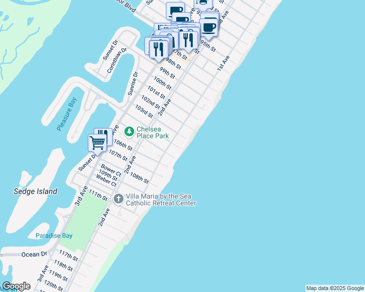 map of restaurants, bars, coffee shops, grocery stores, and more near 1 104th Street in Stone Harbor