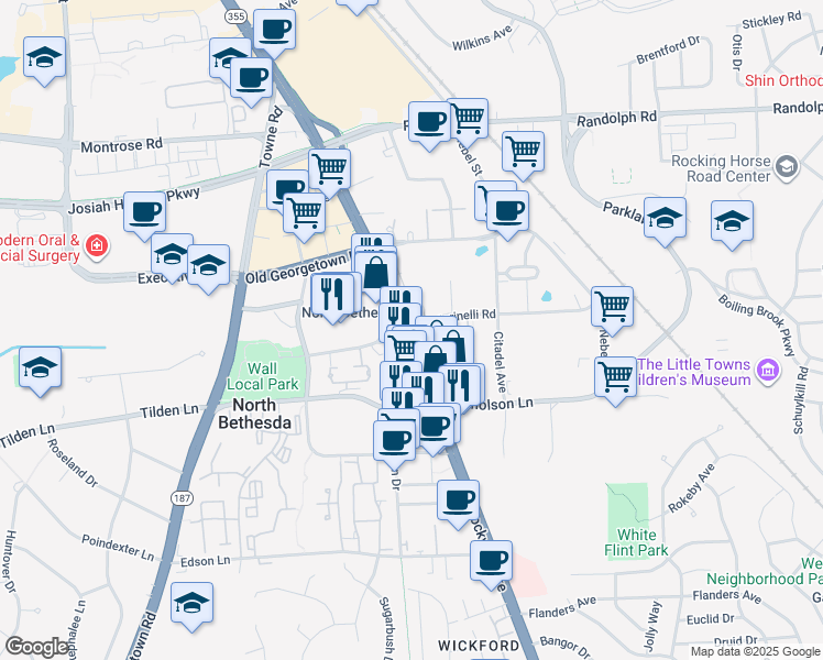 map of restaurants, bars, coffee shops, grocery stores, and more near Rockville Pike & Marinelli Rd in North Bethesda