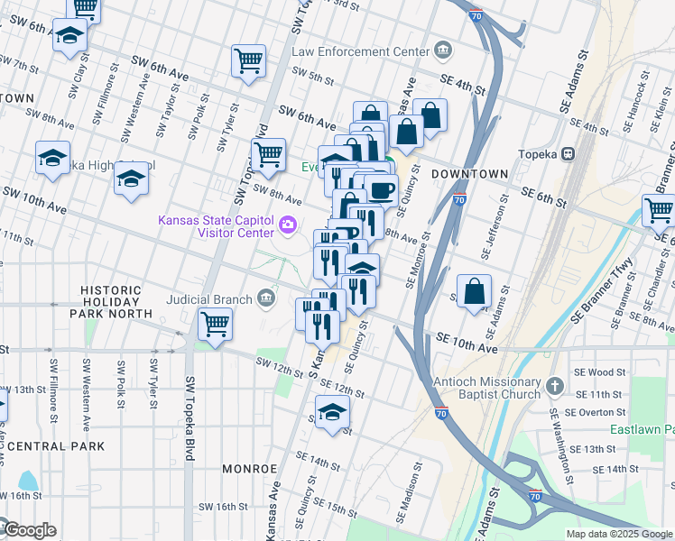 map of restaurants, bars, coffee shops, grocery stores, and more near 909 South Kansas Avenue in Topeka