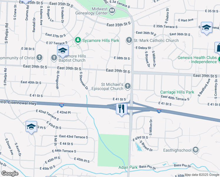 map of restaurants, bars, coffee shops, grocery stores, and more near 16107 East 40th Terrace South in Independence