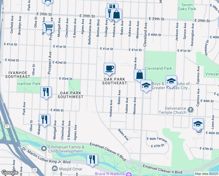 map of restaurants, bars, coffee shops, grocery stores, and more near 4336 Indiana Avenue in Kansas City