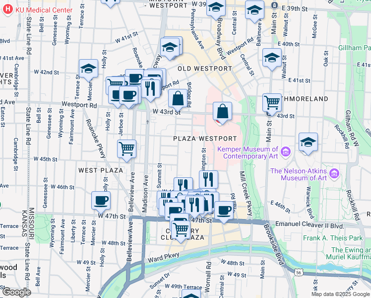 map of restaurants, bars, coffee shops, grocery stores, and more near 4448 Jefferson Street in Kansas City
