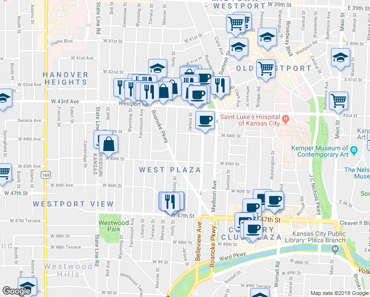 map of restaurants, bars, coffee shops, grocery stores, and more near 1114 West 45th Street in Kansas City