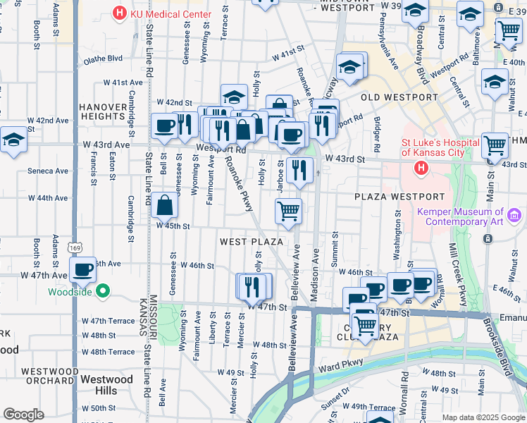 map of restaurants, bars, coffee shops, grocery stores, and more near 1114 West 45th Street in Kansas City