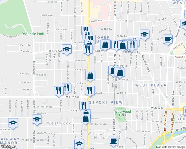 map of restaurants, bars, coffee shops, grocery stores, and more near 4462 Francis Street in Kansas City