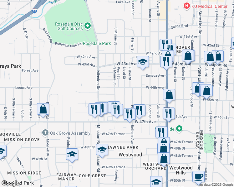 map of restaurants, bars, coffee shops, grocery stores, and more near 4441 South Minnie Street in Kansas City