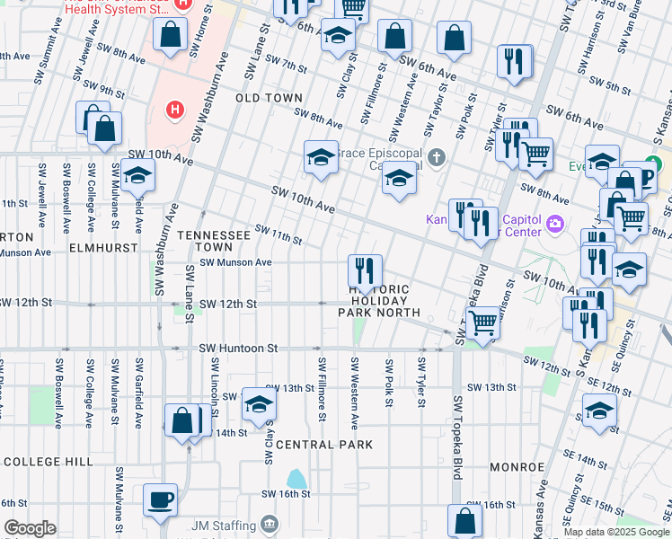 map of restaurants, bars, coffee shops, grocery stores, and more near 1121 Southwest Western Avenue in Topeka