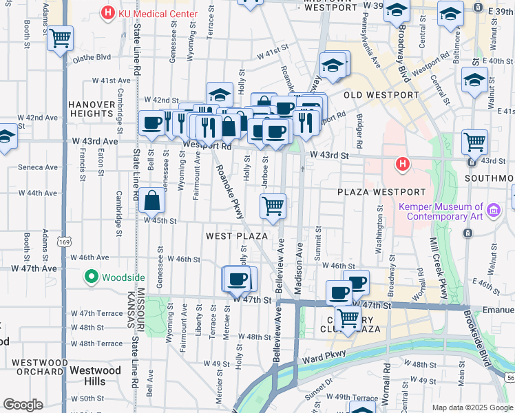 map of restaurants, bars, coffee shops, grocery stores, and more near 1114 West 45th Street in Kansas City