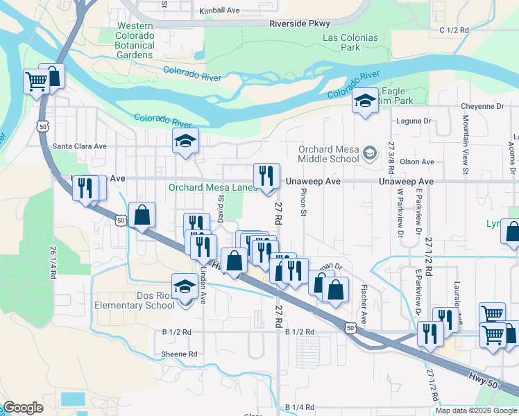 map of restaurants, bars, coffee shops, grocery stores, and more near 287 27 Road in Grand Junction