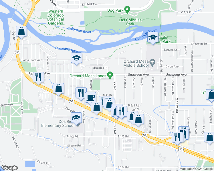 map of restaurants, bars, coffee shops, grocery stores, and more near 287 27 Road in Grand Junction