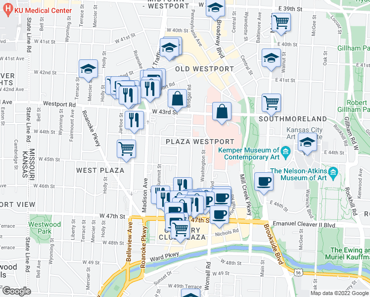 map of restaurants, bars, coffee shops, grocery stores, and more near 4448 Jefferson Street in Kansas City