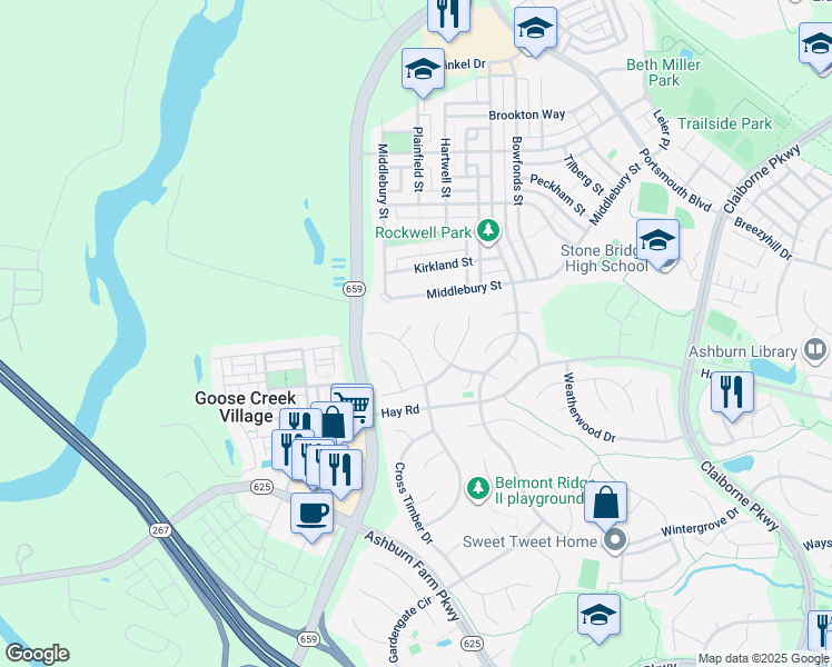 map of restaurants, bars, coffee shops, grocery stores, and more near 20582 Saratoga Court in Ashburn