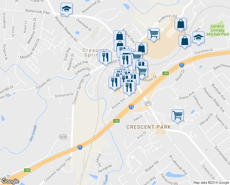 map of restaurants, bars, coffee shops, grocery stores, and more near 337 Terry Lane in Crescent Springs