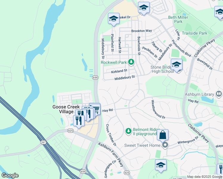 map of restaurants, bars, coffee shops, grocery stores, and more near 20582 Saratoga Court in Ashburn