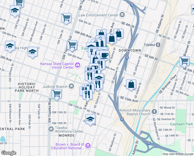 map of restaurants, bars, coffee shops, grocery stores, and more near 900 South Kansas Avenue in Topeka