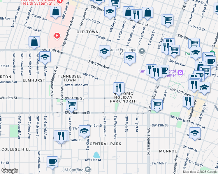 map of restaurants, bars, coffee shops, grocery stores, and more near 915 Southwest Munson Avenue in Topeka