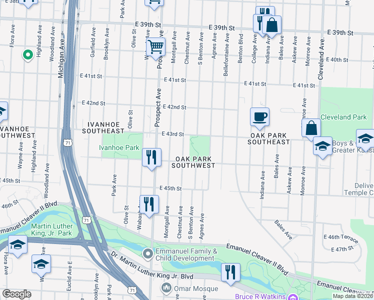 map of restaurants, bars, coffee shops, grocery stores, and more near 4400 South Benton Avenue in Kansas City