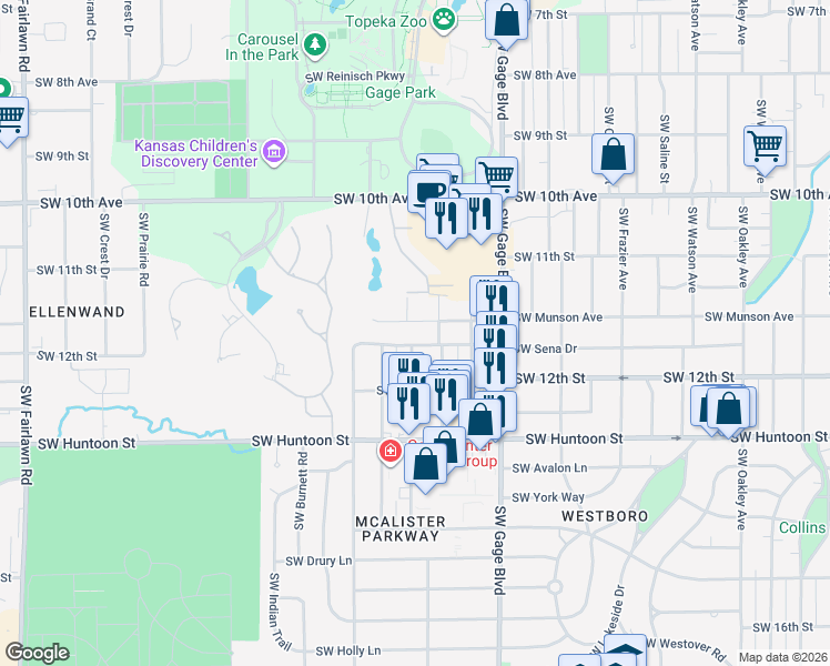 map of restaurants, bars, coffee shops, grocery stores, and more near 1155 Southwest Seabrook Avenue in Topeka