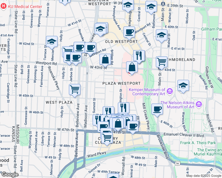 map of restaurants, bars, coffee shops, grocery stores, and more near 4435 Pennsylvania Avenue in Kansas City