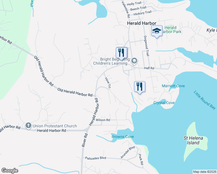 map of restaurants, bars, coffee shops, grocery stores, and more near 912 Hine Trail in Crownsville